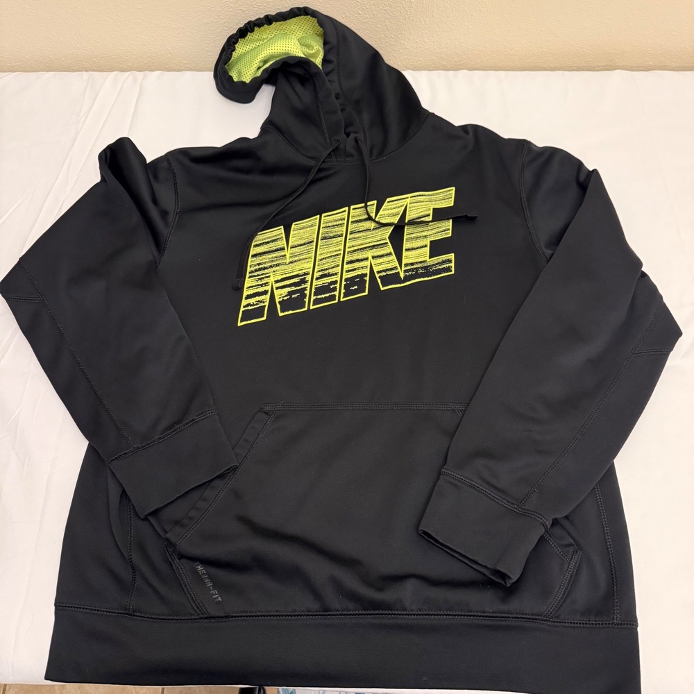 Nike Therma-FIT Hoodie Mens Medium Black Neon Yellow Volt Graphic Pullover Sweat